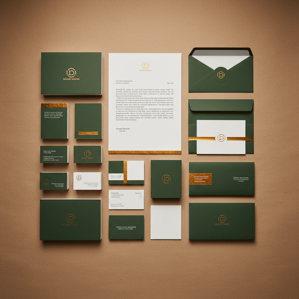 Flat lay of a printed stationery set: letterhead, business cards, envelopes, and folded cards