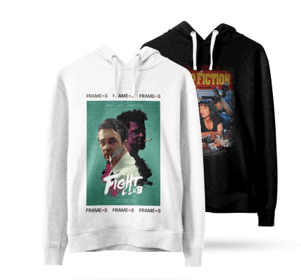 Two hoodies displayed: the front one is white with "Fight Club" artwork featuring a man and another shadowed silhouette; the back hoodie is black with "Pulp Fiction" scenes. These designs highlight the art of commercial printing, turning classic movie moments into wearable marketing materials.