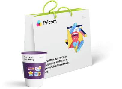 A white shopping bag with colorful graphics and the brand name "Pricom" next to a disposable paper cup with vibrant logos and designs. The cup features "Free Paper Cup Mockup" text. Both items have bright, playful patterns.