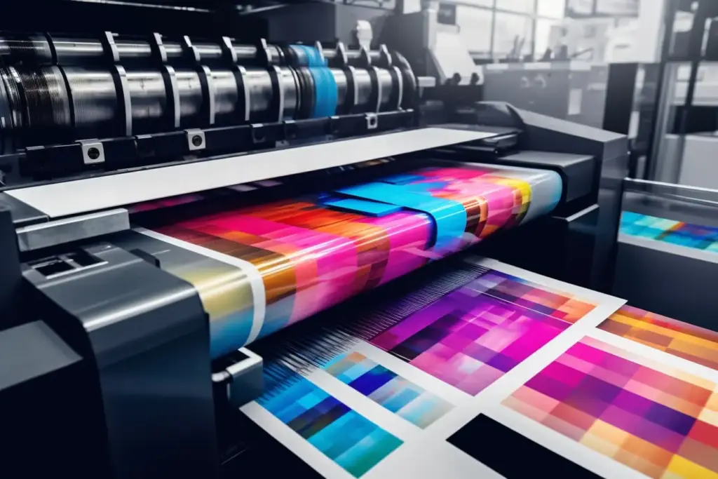 Close-up of a printing press producing vibrant, multicolored sheets. The machine features rollers and printing plates, and the paper showcases a range of bright colors in a geometric pattern.