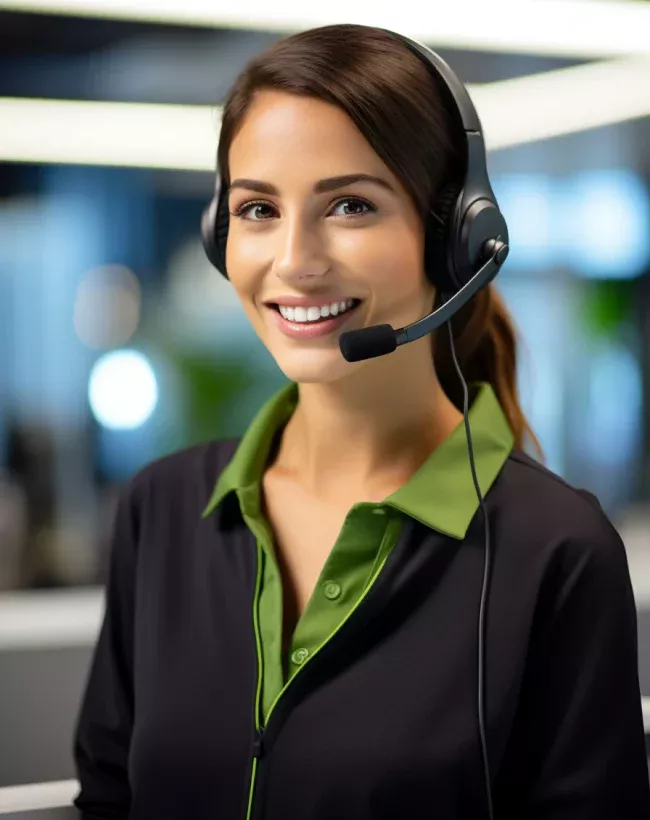 A smiling customer service representative wearing a headset and a black and green uniform stands in a modern office environment.